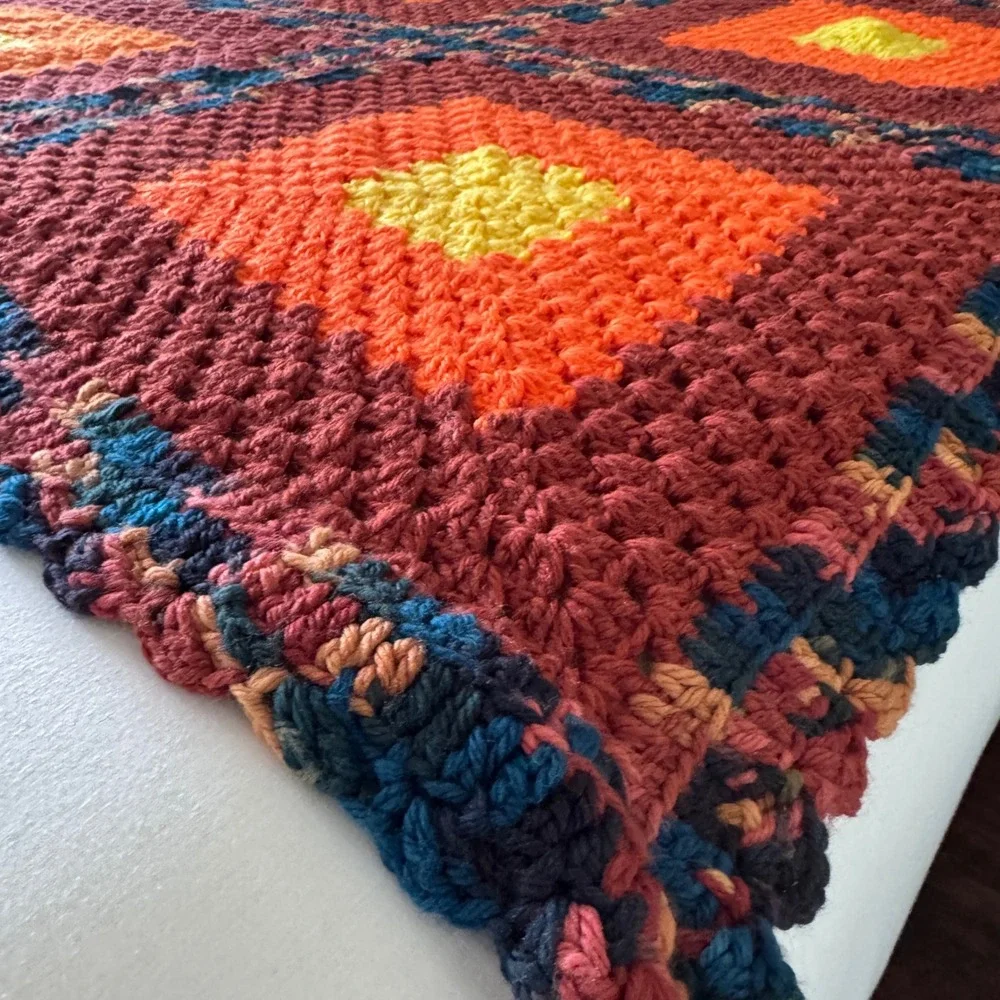 Vintage Handmade Crochet Granny Square Afghan Knit Throw Blanket Orange Maroon